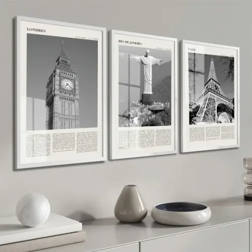 Quadros Decorativos Rio Londres Paris com Moldura e Vidro