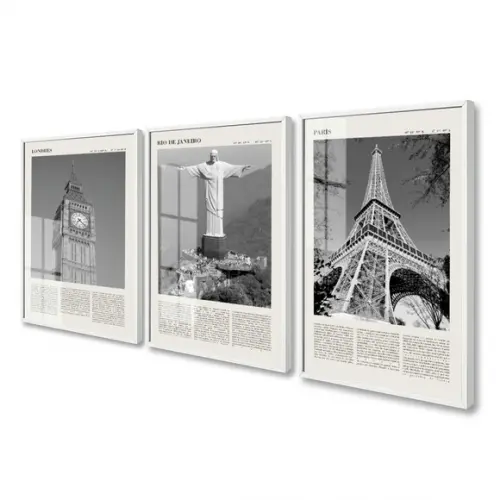 Quadros Decorativos Rio Londres Paris com Moldura e Vidro