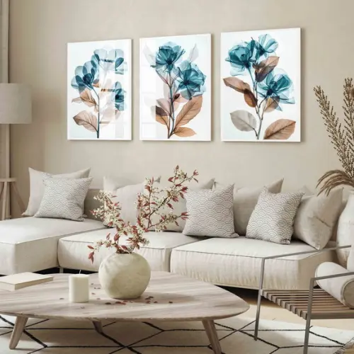 Quadros Decorativos Sala Moderna Flores Azul Moldura e Vidro