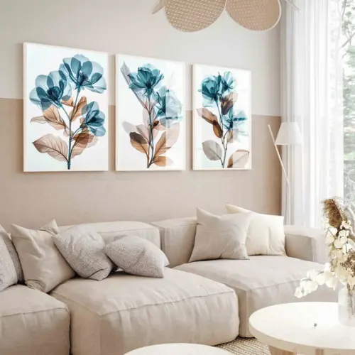 Quadros Decorativos Sala Moderna Flores Azul Moldura e Vidro