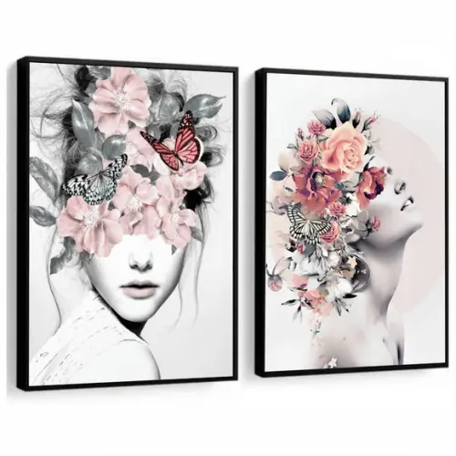 Quadros Modernos Decoração Quarto Mulher Flores Com Moldura