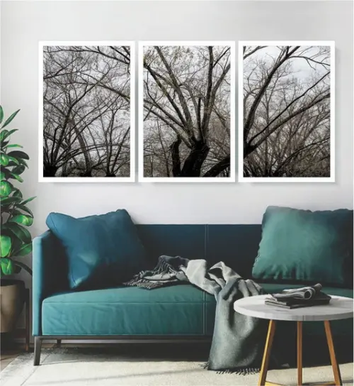 Trio De Quadros Decorativos Galhos Preto e Branco Moldura