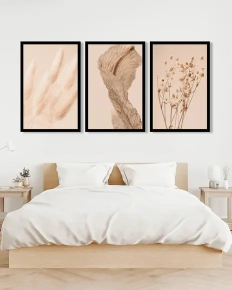 Trio De Quadros Decorativos Para Sala Folhagem Bege Moldura