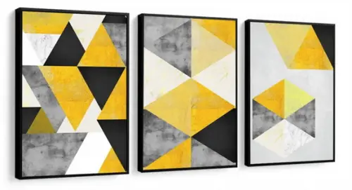 Trio Quadros Decorativos Geométrico Abstrato Amarelo Moldura