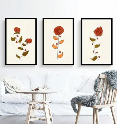 Trio Quadros Decorativos Para Quarto Feminino Flores Moldura