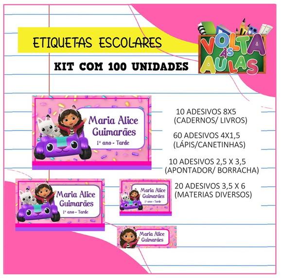 Kit 100 Etiquetas Escolares a Casa Mágica da Gabby (adesivo)