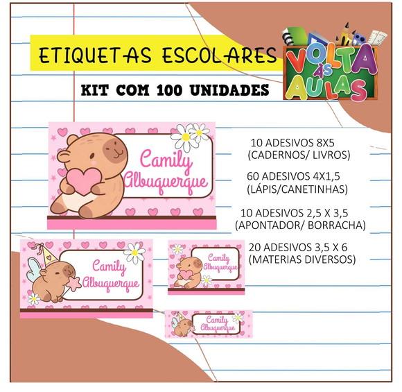 Kit 100 Etiquetas Escolares Capivara Fofa (adesivo)