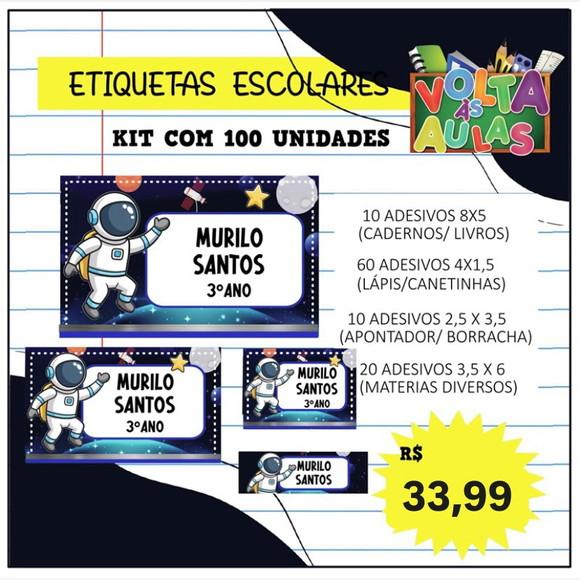 Kit 100 Etiquetas Escolares Personalizada Astronauta