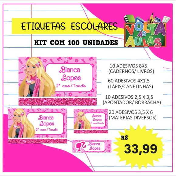 Kit 100 Etiquetas Escolares Personalizada Barbie (adesivo)