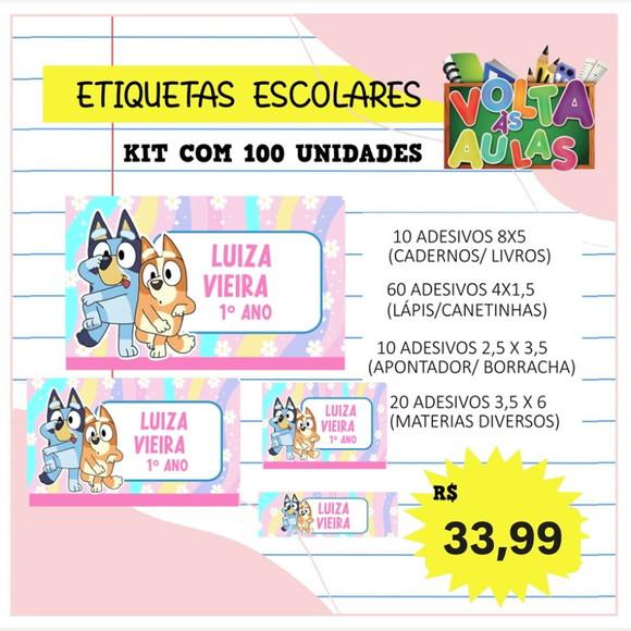 Kit 100 Etiquetas Escolares Personalizada Bluey (adesivo)