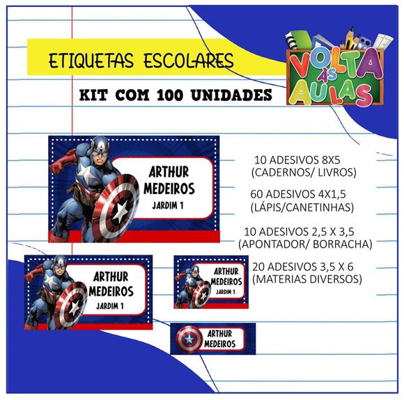 Kit 100 Etiquetas Escolares Personalizada Capitão América