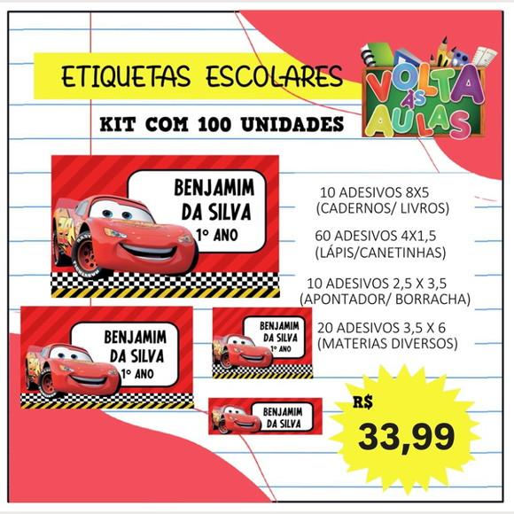 Kit 100 Etiquetas Escolares Personalizada Carros/ Mc Queen