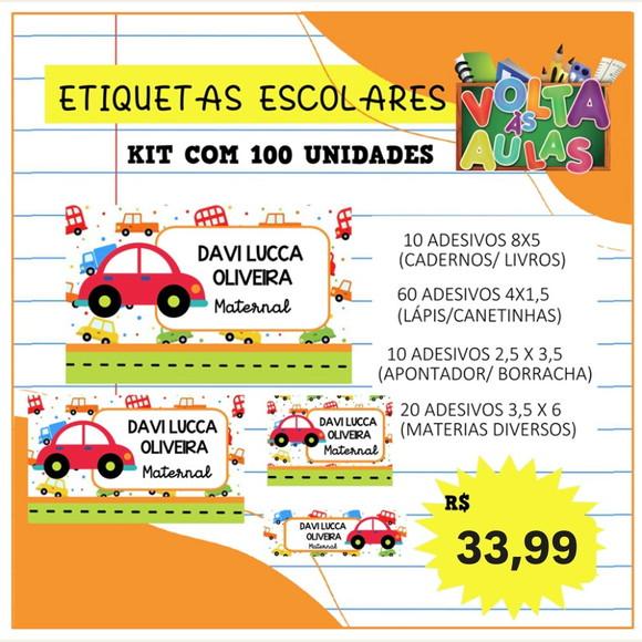 Kit 100 Etiquetas Escolares Personalizada Carrinhos