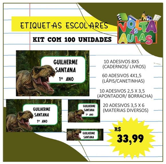 Kit 100 Etiquetas Escolares Personalizada Dinossauro