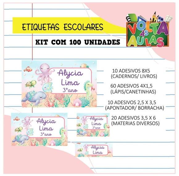 Kit 100 Etiquetas Escolares Personalizada Fundo do Mar(rosa)