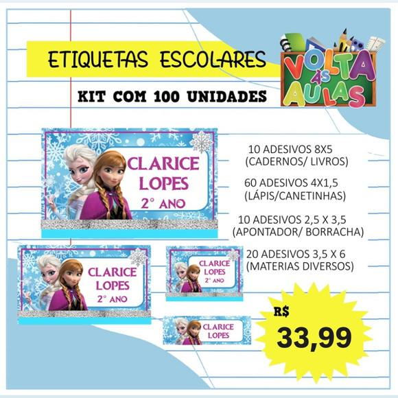 Kit 100 Etiquetas Escolares Personalizada Frozen (adesivo)