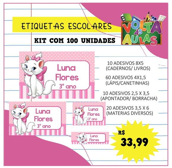 Kit 100 Etiquetas Escolares Personalizada Gatinha Marie
