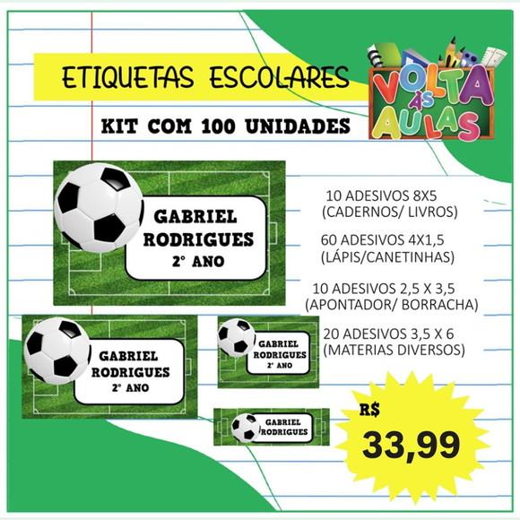 Kit 100 Etiquetas Escolares Personalizada Futebol (adesivo)