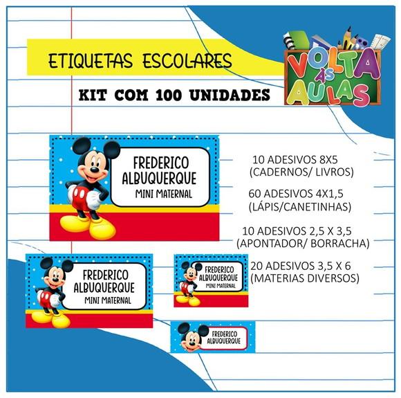 Kit 100 Etiquetas Escolares Personalizada Mickey Azul