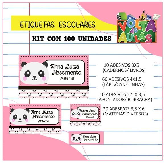 Kit 100 Etiquetas Escolares Personalizada Panda