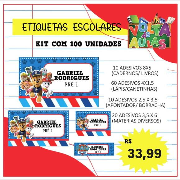 Kit 100 Etiquetas Escolares Personalizada Patrulha Canina