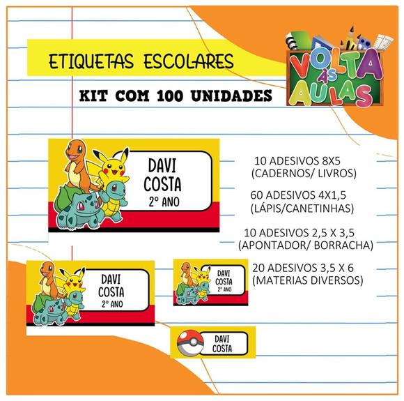 Kit 100 Etiquetas Escolares Personalizada Pokemon
