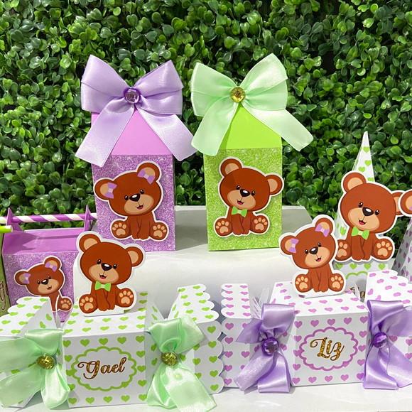 Personalizados Chá Revelação Ursinho Lilás e Verde 16 Peças