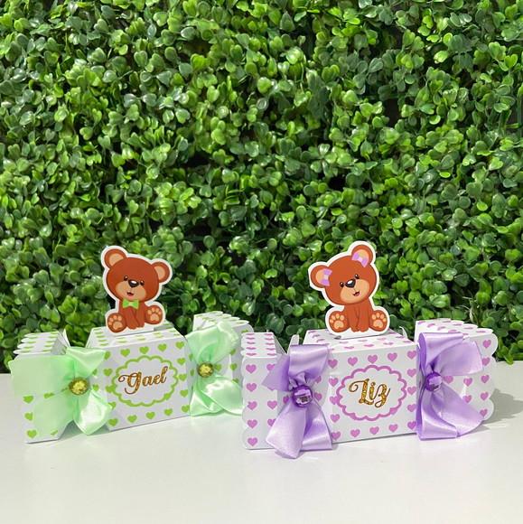Personalizados Chá Revelação Ursinho Lilás e Verde 16 Peças
