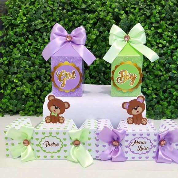 Personalizados Chá Revelação Ursinho Lilás e Verde 20 Peças