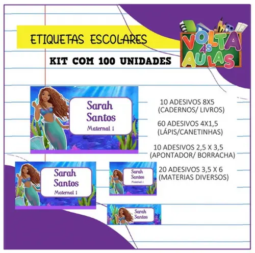 Kit 100 Etiquetas Escolares a Pequena Sereia Negra