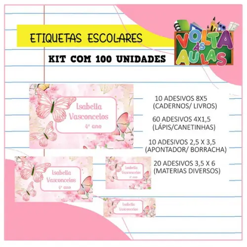 Kit 100 Etiquetas Escolares Borboletas (rosa)