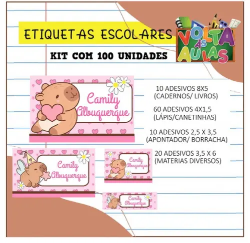 Kit 100 Etiquetas Escolares Capivara Fofa (adesivo)