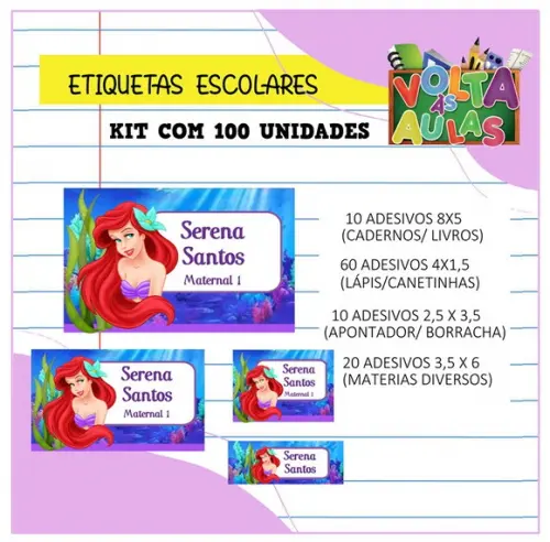 Kit 100 Etiquetas Escolares Personalizada a Pequena Sereia