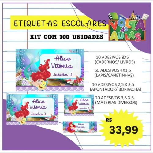 Kit 100 Etiquetas Escolares Personalizada Ariel (adesivo)