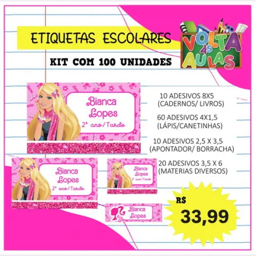 Kit 100 Etiquetas Escolares Personalizada Barbie (adesivo)
