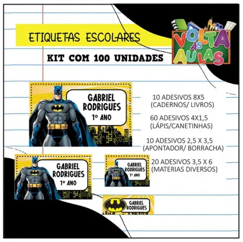 Kit 100 Etiquetas Escolares Personalizada Batman