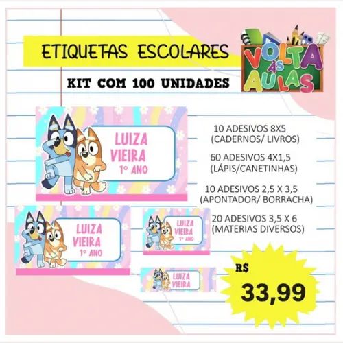 Kit 100 Etiquetas Escolares Personalizada Bluey (adesivo)