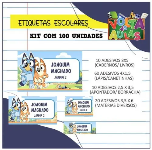Kit 100 Etiquetas Escolares Personalizada Bluey (menino)