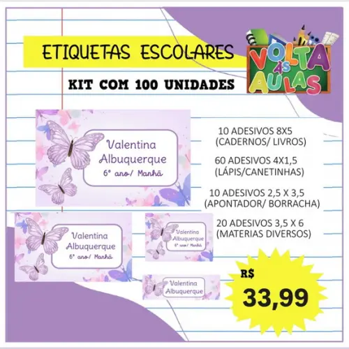 Kit 100 Etiquetas Escolares Personalizada Borboleta(adesivo)