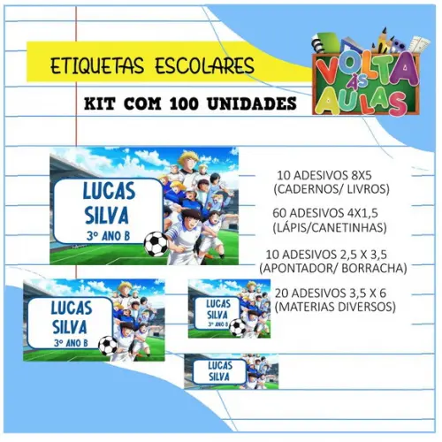 Kit 100 Etiquetas Escolares Personalizada Captain Tsubasa