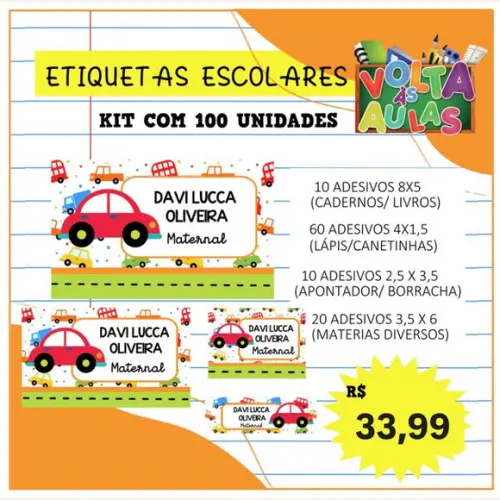 Kit 100 Etiquetas Escolares Personalizada Carrinhos