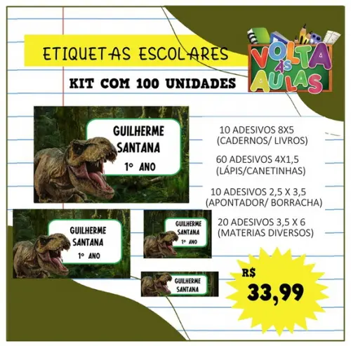 Kit 100 Etiquetas Escolares Personalizada Dinossauro