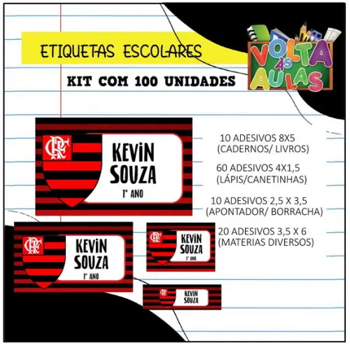 Kit 100 Etiquetas Escolares Personalizada Flamengo