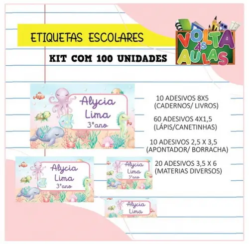Kit 100 Etiquetas Escolares Personalizada Fundo do Mar(rosa)