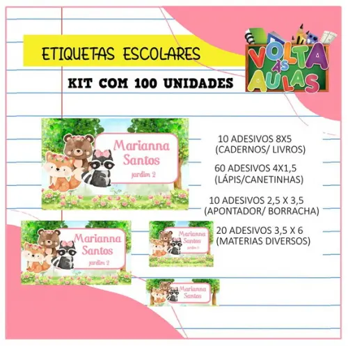 Kit 100 Etiquetas Escolares Personalizada Floresta/ Bosque