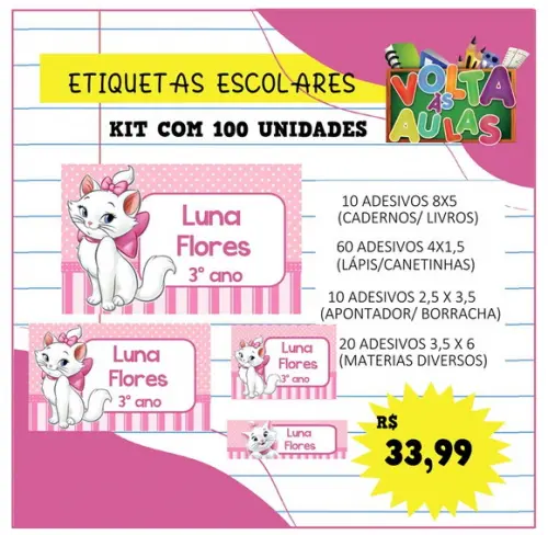 Kit 100 Etiquetas Escolares Personalizada Gatinha Marie
