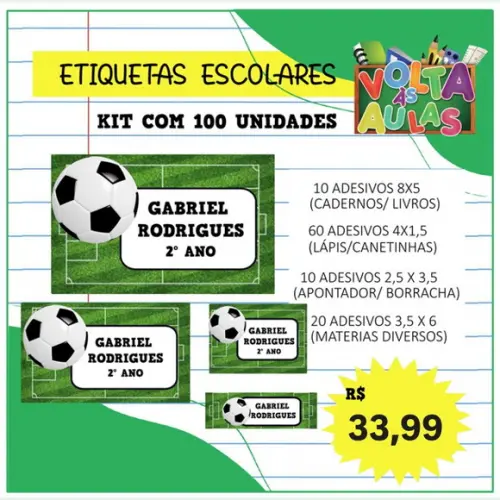 Kit 100 Etiquetas Escolares Personalizada Futebol (adesivo)
