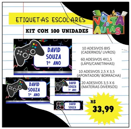 Kit 100 Etiquetas Escolares Personalizada Gamer (video Game)