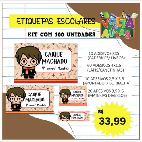 Kit 100 Etiquetas Escolares Personalizada Harry Potter