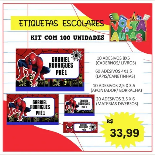 Kit 100 Etiquetas Escolares Personalizada Homem Aranha